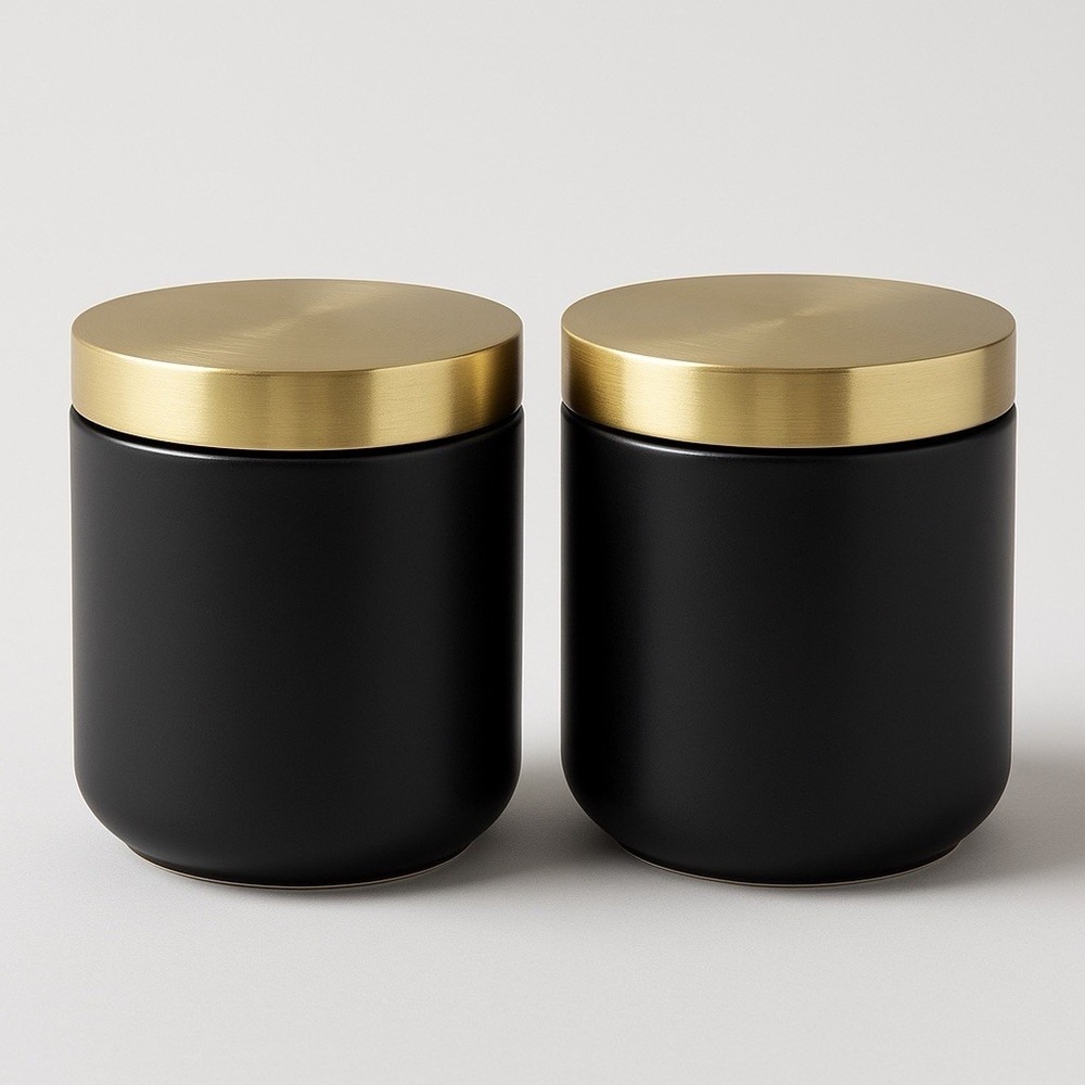Z Gallerie Multi Use Storage Duo Set of 2 Ceramic Canisters Gold Metal Lids